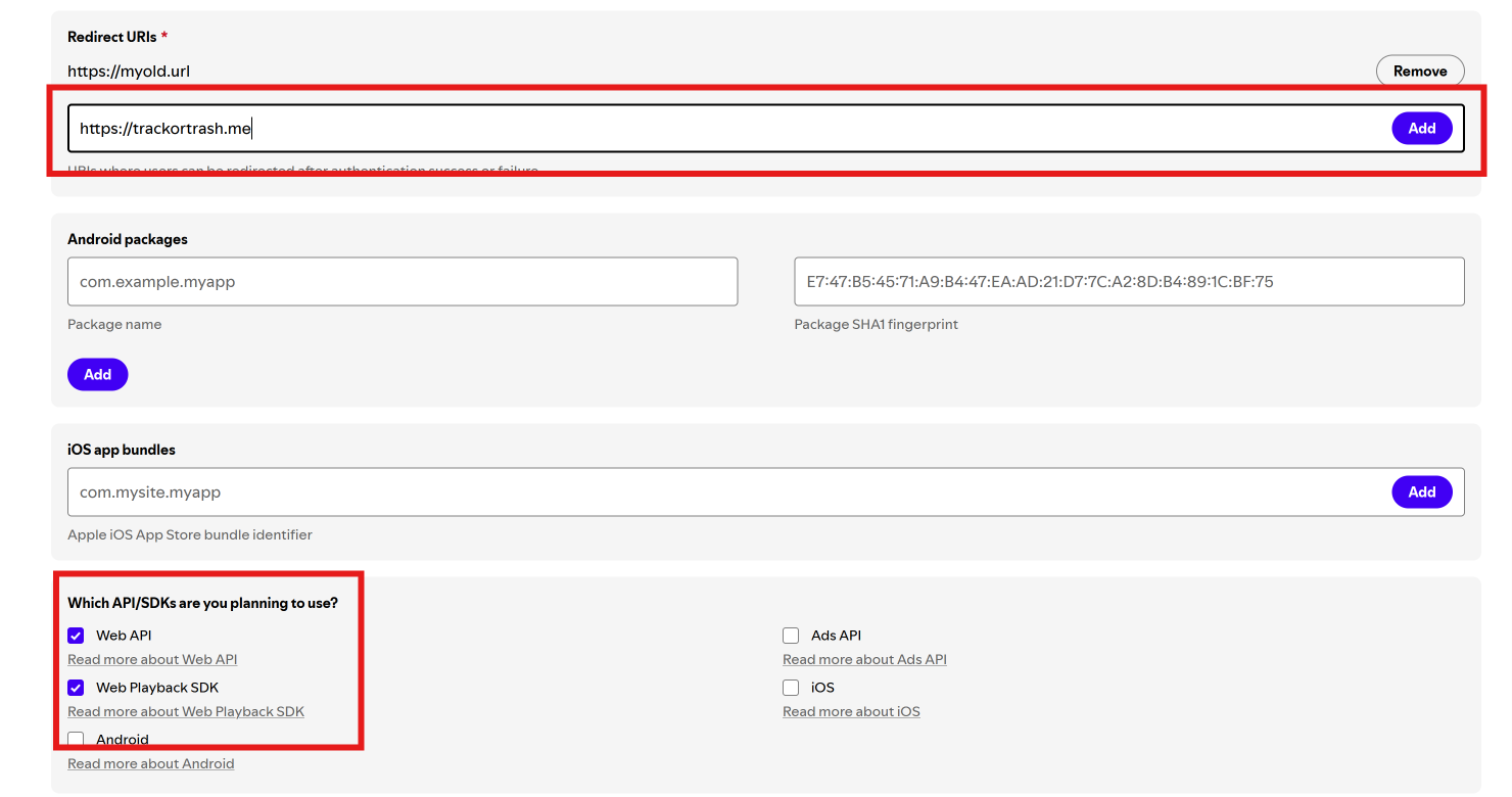 Selecting our redirect URI and API/SDK's